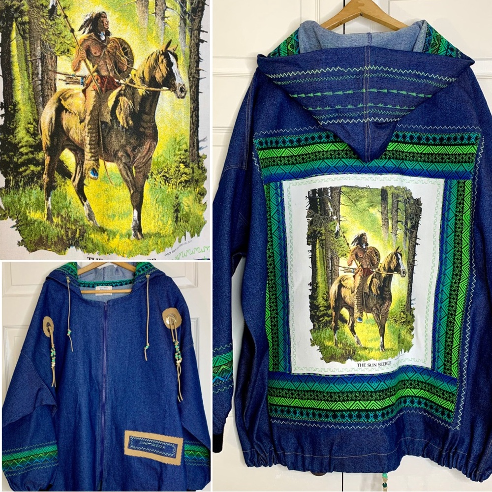 Handmade Native American Denim Jacket Rare 3X Hood Oversized Southwest Western